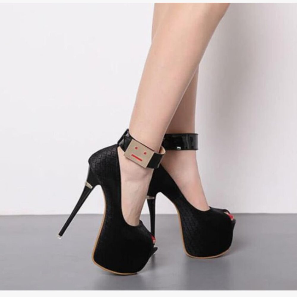 Women's Black Smiling Buckle Platform High Heel Sandal Suede Open toe Pump